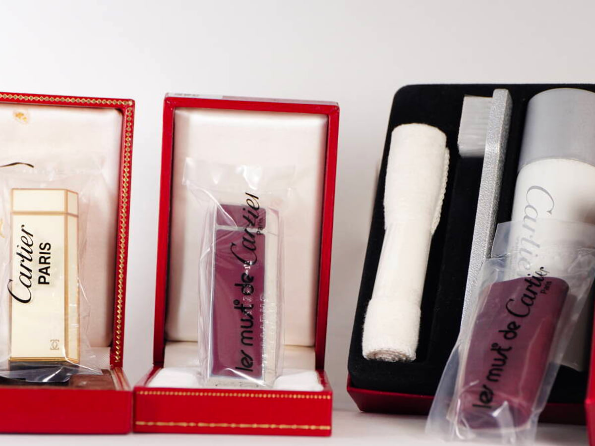 Cartier カルティエ ガスライター 2点セット 箱・ケース・お手入れ用品付 ゴールドカラー ボルドー系 現状品